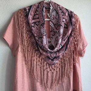 Energie Coral and Black Paisley Top With Scarf
